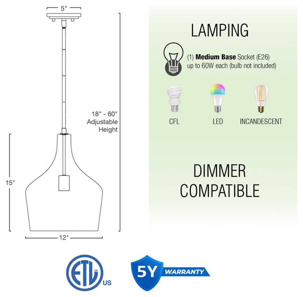 Kira Home Lucy 16" Pendant Light, Glass Vase Shade, Adjustable Hanging Height