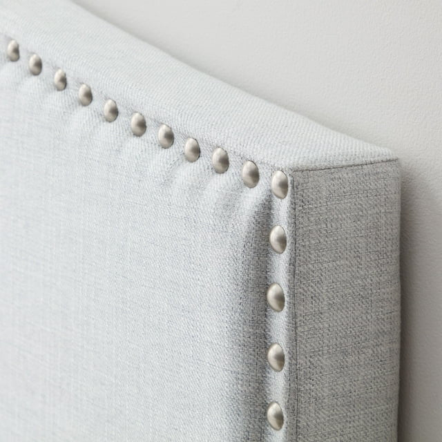 Curved Upholstered Headboard with Linen Upholstery and Silver Nailhead Trim, Light Gray, King