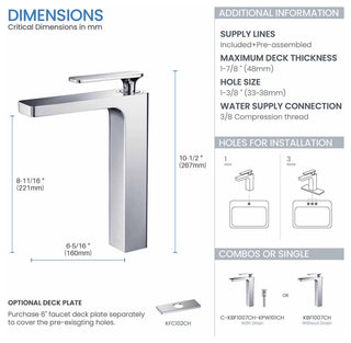 Infinity Single Handle Vessel Sink Faucet KBF1007, Chrome, W/ Drain