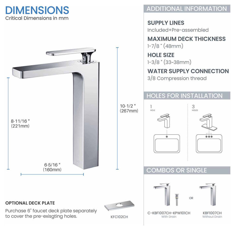 Infinity Single Handle Vessel Sink Faucet KBF1007, Chrome, W/ Drain
