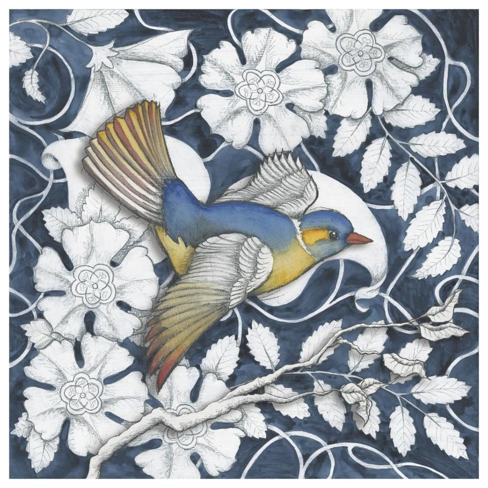 "Arts and Crafts Bird Indigo III" Digital Paper Print by Elyse DeNeige, 38"x38"