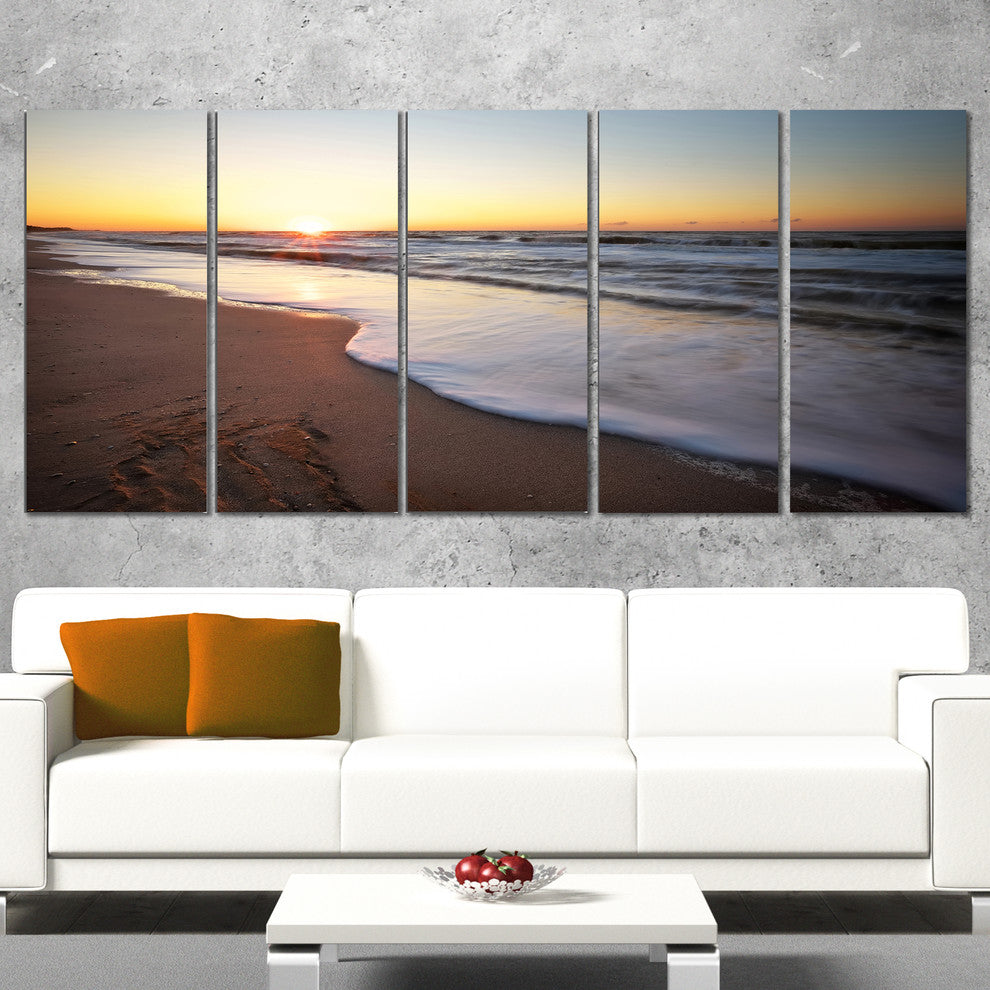 Seashore under Fiery Sunset Sky, Modern Seashore Canvas Art, 60"x28", 5 Panels