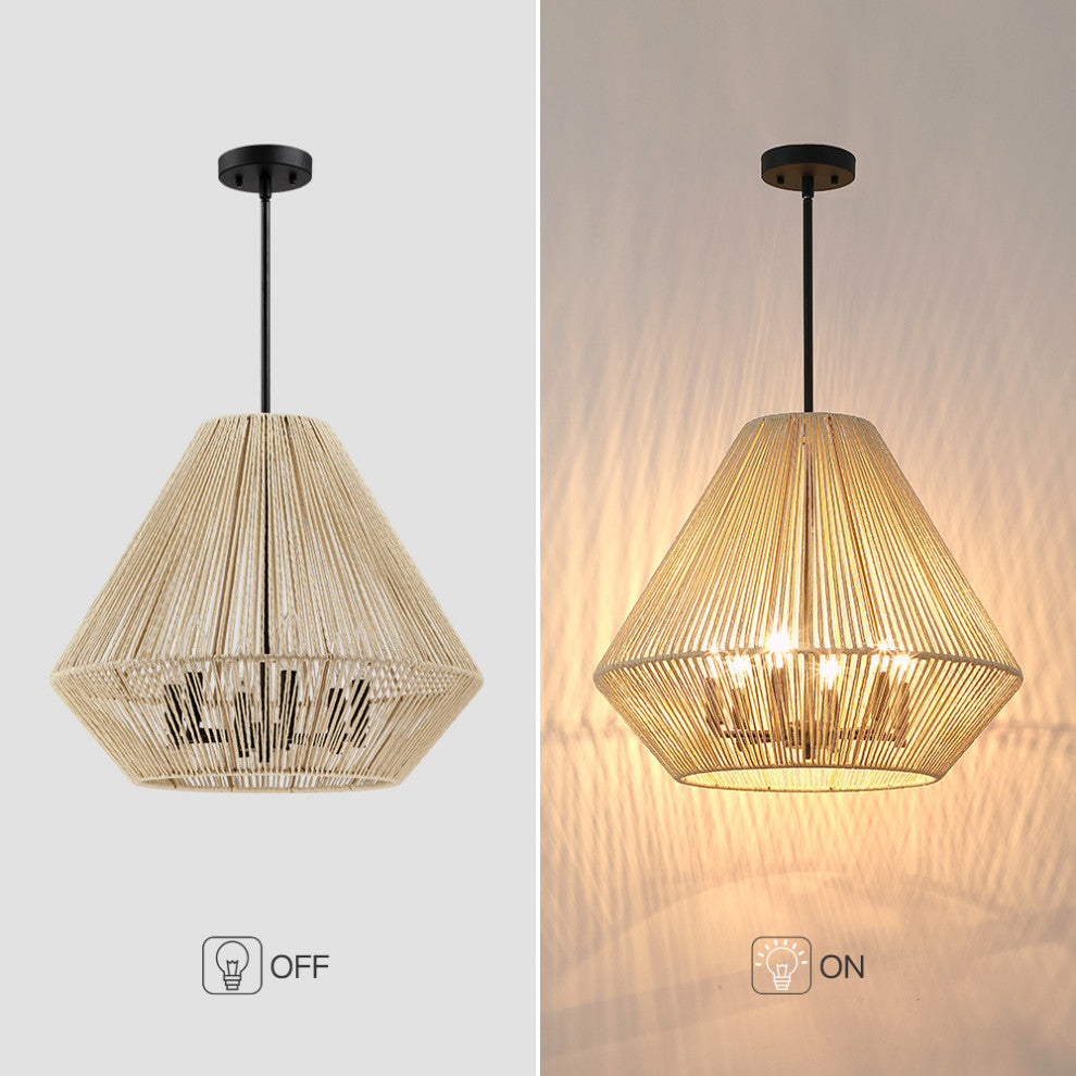 21" 6-Light Rattan Chandelier Light With Black Canopy