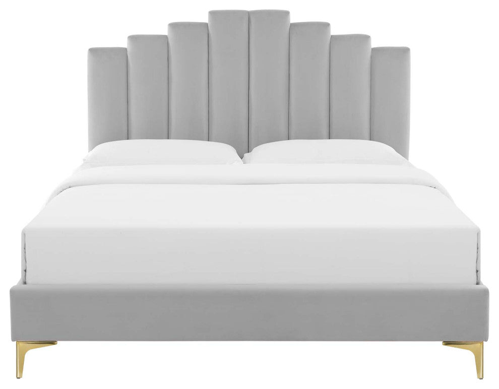 Platform Bed Frame, King Size, Velvet, Light Gray, Modern Contemporary