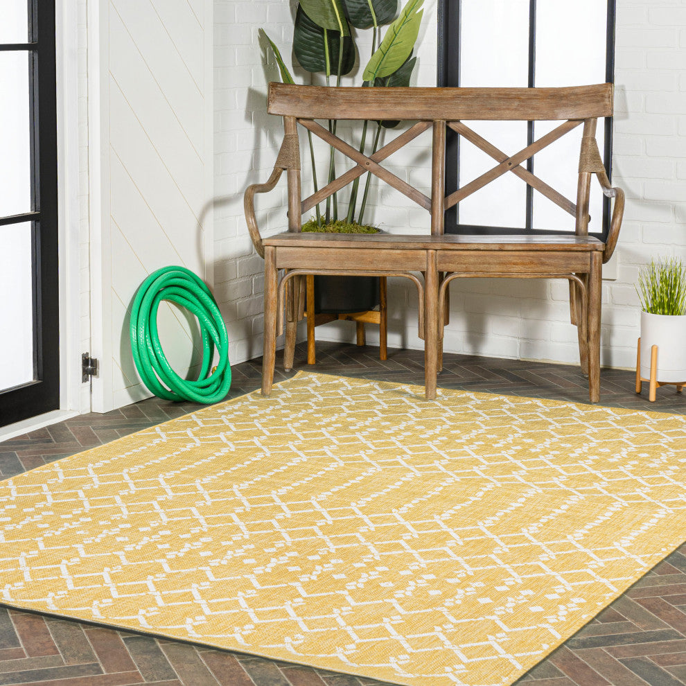 Ourika Moroccan Geometric Indoor/Outdoor Rug, Yellow/Cream, 3x5