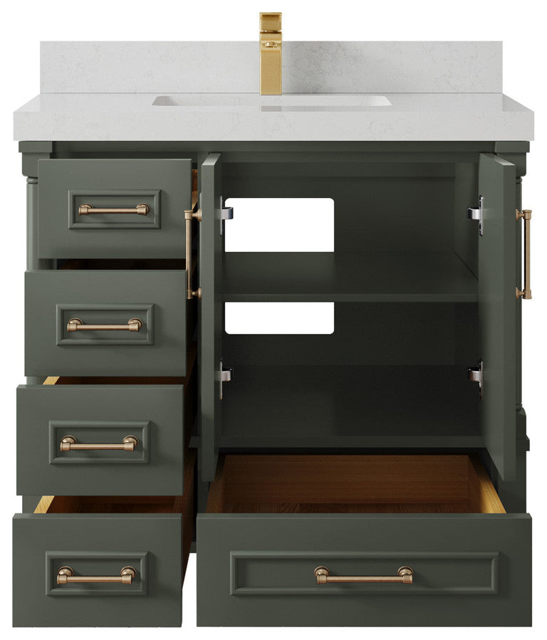 Aberdeen 36 Center Sink Bath Vanity in Pewter Green 2" Carrara Quartz