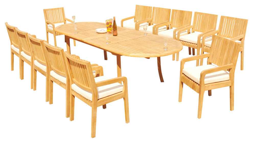 13-Piece Outdoor Teak Dining Set: 117" Oval Extn Table, 12 Maldives Arm Chairs