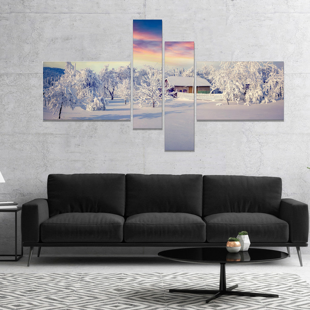 Snowfall Covering Trees and Houses, Landscape Canvas Print, 60"x32", 4 panels