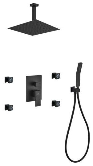 Aqua Piazza Set, 12" Ceiling Square, Rain Shower, 4 Jets, Handheld, Matte Black