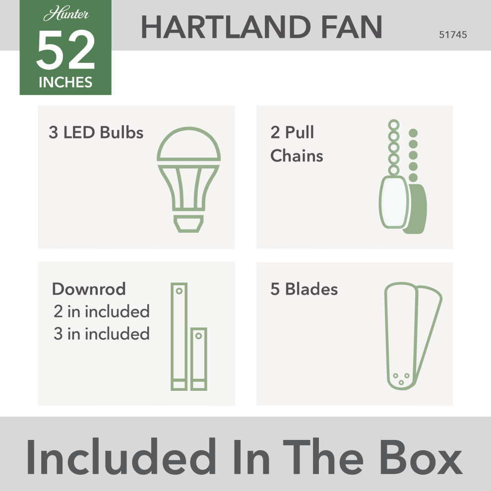 Hunter 52" Hartland Matte Black Ceiling Fan, LED Light Kit, Pull Chain