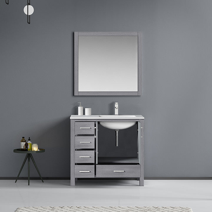 Jacques 36" Vanity, Wht Carrara Marble Top w/ 34" Mirror, Distressed Grey, Right