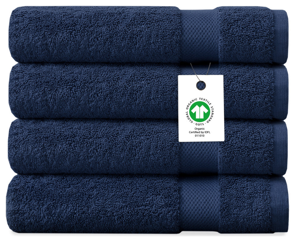 Delara 100% Organic Cotton Plush Bath Towels, 30"x58", Set of 4, Navy Blue