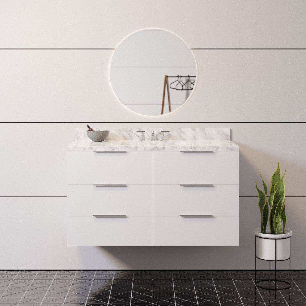 Oslo 42" Floating Wall Mounted Bathroom Vanity, White, Carrara Marble