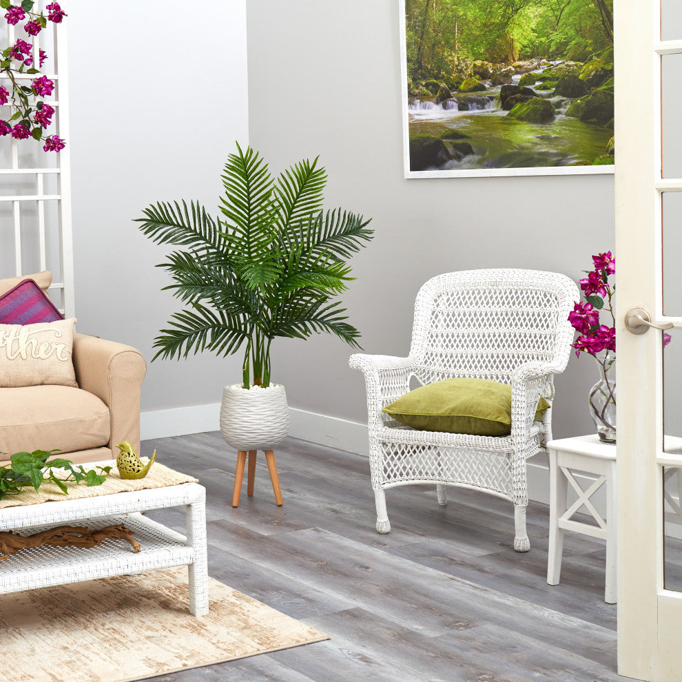 52" Areca Palm Artificial Tree, White Planter With Stand, Real Touch