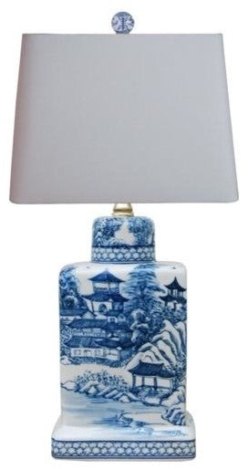 Blue and White Blue Willow Porcelain Tea Caddy Jar Table Lamp, 17"