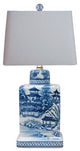Blue and White Blue Willow Porcelain Tea Caddy Jar Table Lamp, 17"