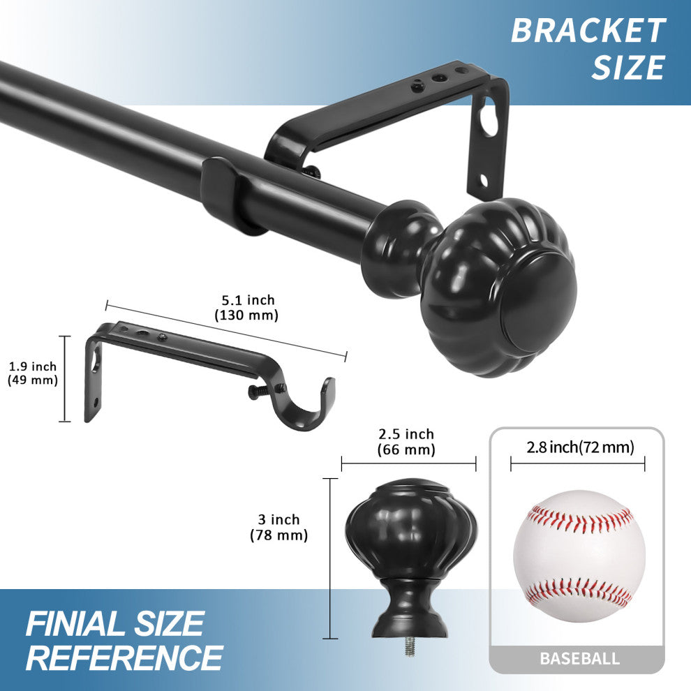 1" Doorknob Drapery Curtain Rod, Black, 84"-120"