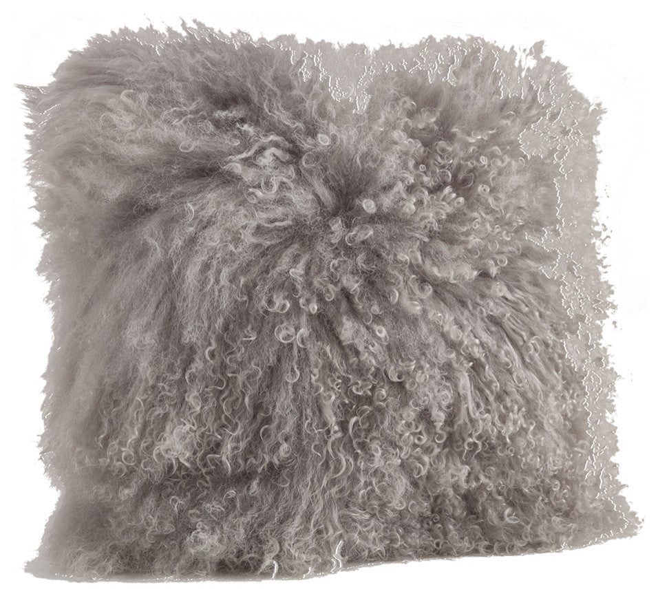 Mongolian Lamb Fur Design Down Filled Throw Pillow, 20" Square, Fog