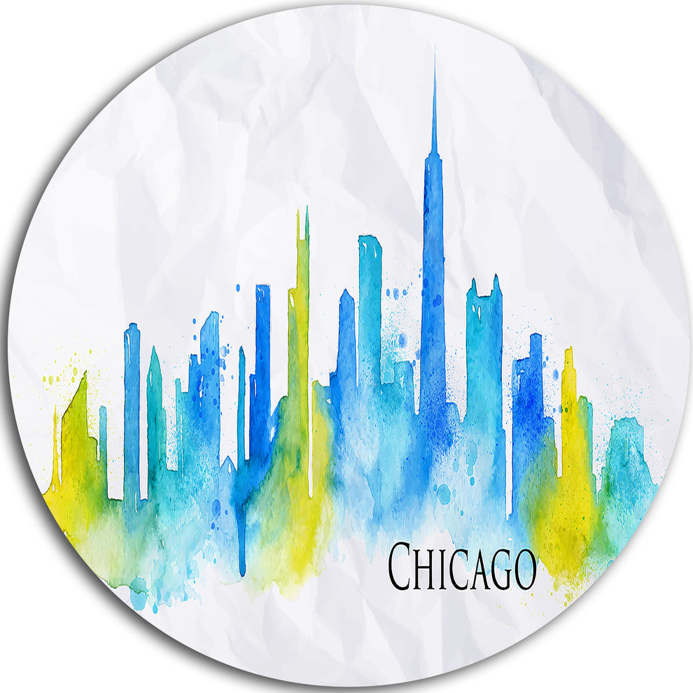 Chicago Blue Green Silhouette, Cityscape Disc Metal Wall Art, 23"