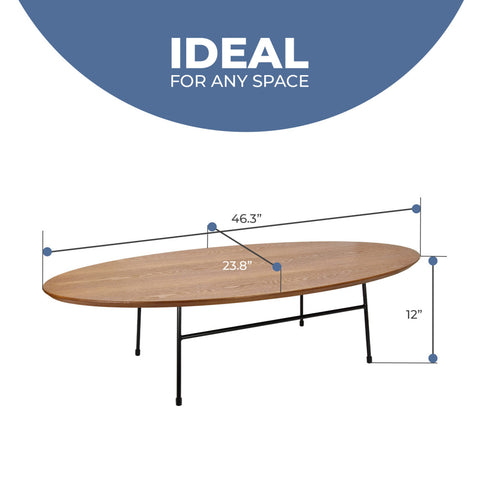 LeisureMod Rossmore Oval Coffee Table with Black Steel Frame, Walnut