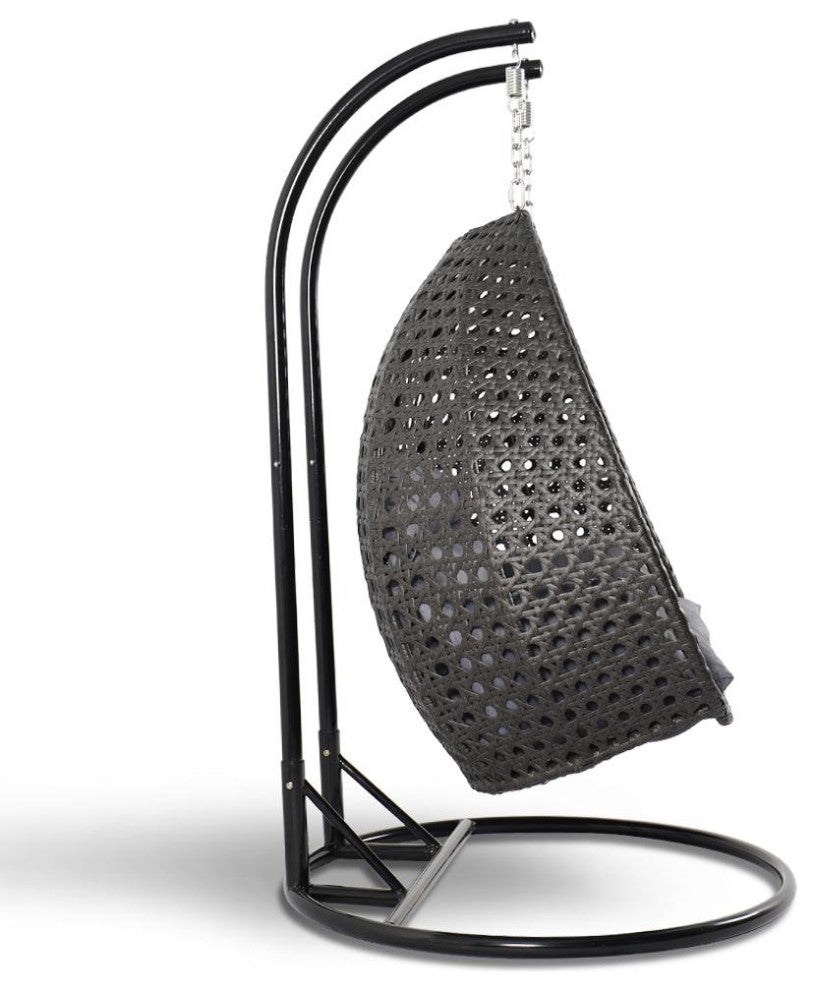 LeisureMod Wicker Hanging 2 person Egg Swing Chair With Outdoor Cover, Charcoal