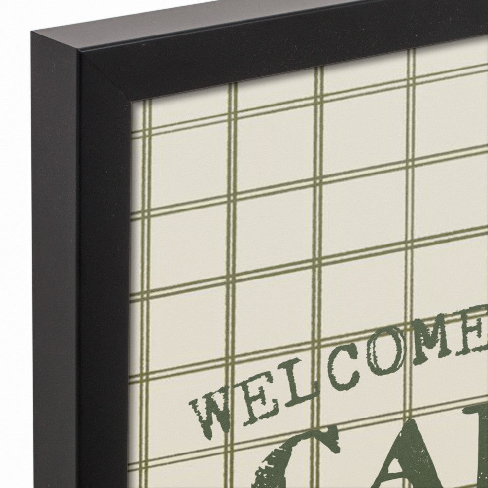 Welcome to our Cabin Green and Cream Check 13.73x13.73 Black Framed Canvas