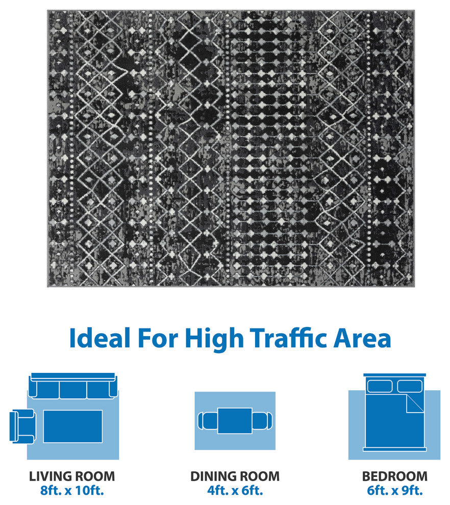 Hannah Moroccan Area Rug/Runner, Charcoal Grey, 3' x 8' Runner