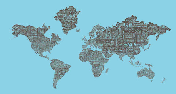 1-World Text Map Wall Mural, Brown on Blue, Wallpaper, 8 panel, 166x89"