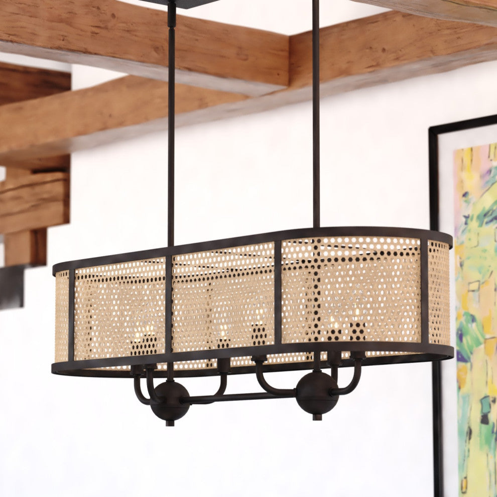 Berens Matte Black Farmhouse Chandelier Island Pendant Light Fixture Rattan Cane