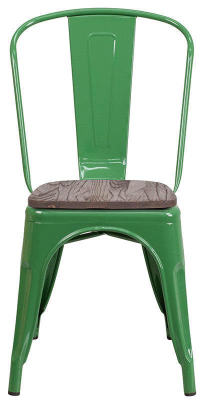 Green Metal Stackable Chair With Wood Seat