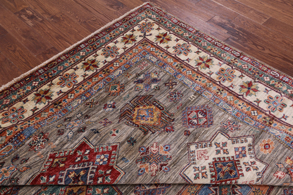 8' 0" X 10' 3" Super Kazak Geometric Handmade Wool Rug Q9779