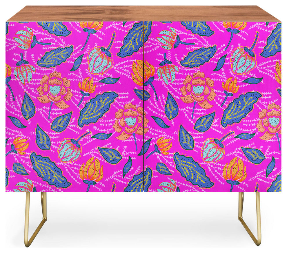 Deny Designs Summer Batik Fuchsia Credenza, Walnut, Gold Steel Legs