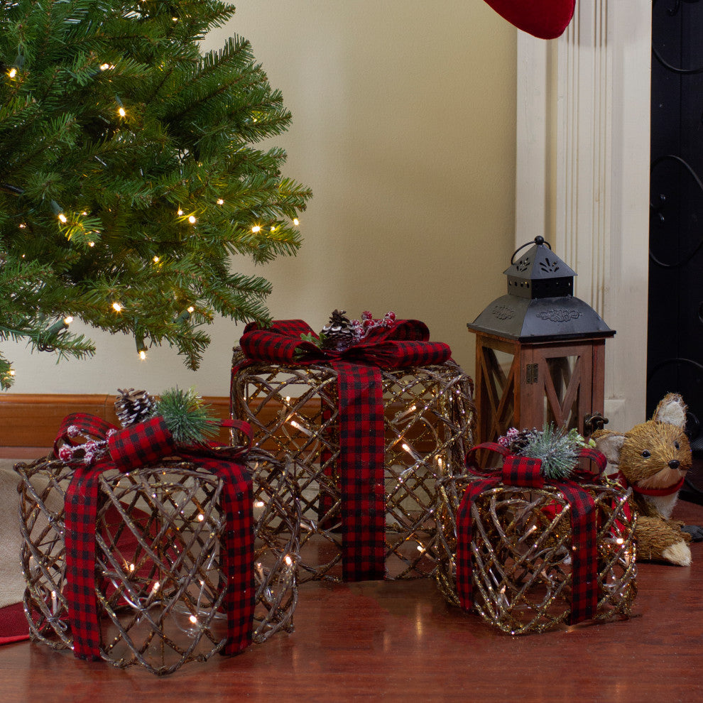 3-Piece LED Rustic Rattan Christmas Gift Boxes With Pinecones