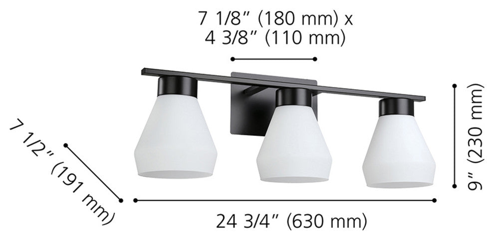 Copeland 3-Light Bath/Vanity Light, Matte Black Finish, White Glass Shade