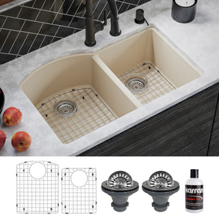 Karran Undermount Quartz 32" 60/40 Double Bowl Kitchen Sink Kit, Bisque