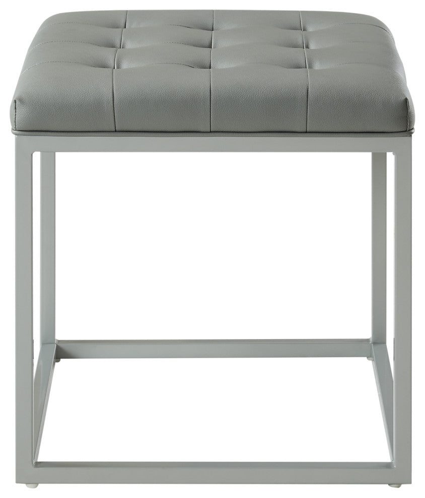 Teresa PU Leather Button Tufted Metal Frame Cube Ottoman, Gray