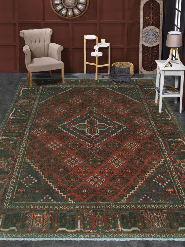 Fine Vintage Distressed Mahnoor Red/Charcoal Rug, 6'4x9'4