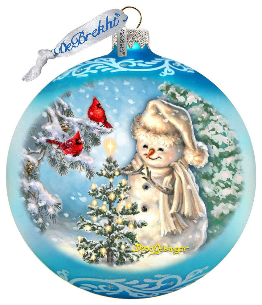 Glowing Snowman Lg Glass Ornament, Blue