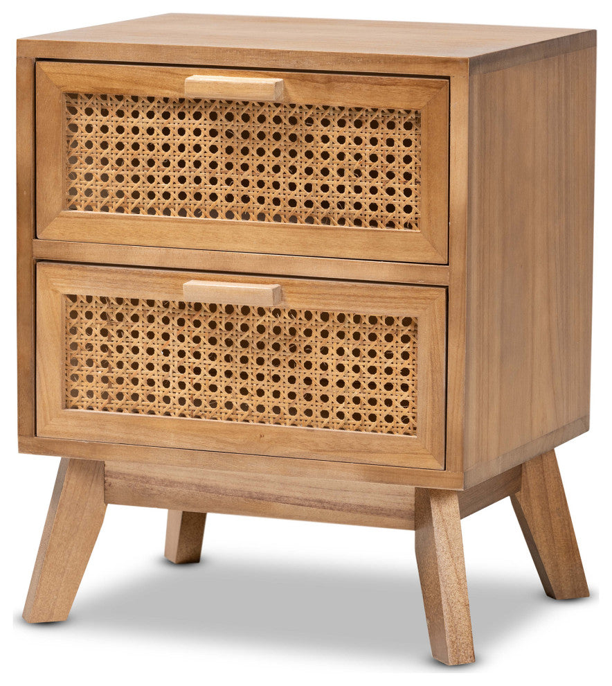 Kathrin Mid-Century Walnut Brown Nightstand With Rattan, 2-Drawer