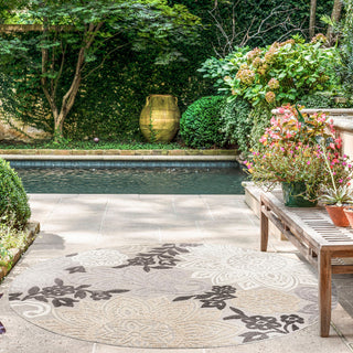 Omalley Modern Floral Area Rug, Beige & Gray, 7'11" Round