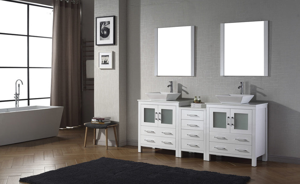Virtu Dior 78" Double Bathroom Vanity, White With Faucet and Mirrors