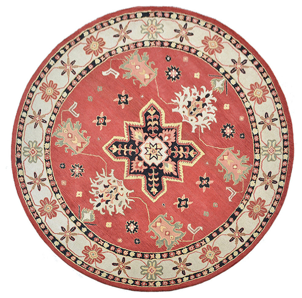 HAND TUFTED WOOL ECO-FRIENDLY AREA RUGS - Round,Red Cream,Oriental