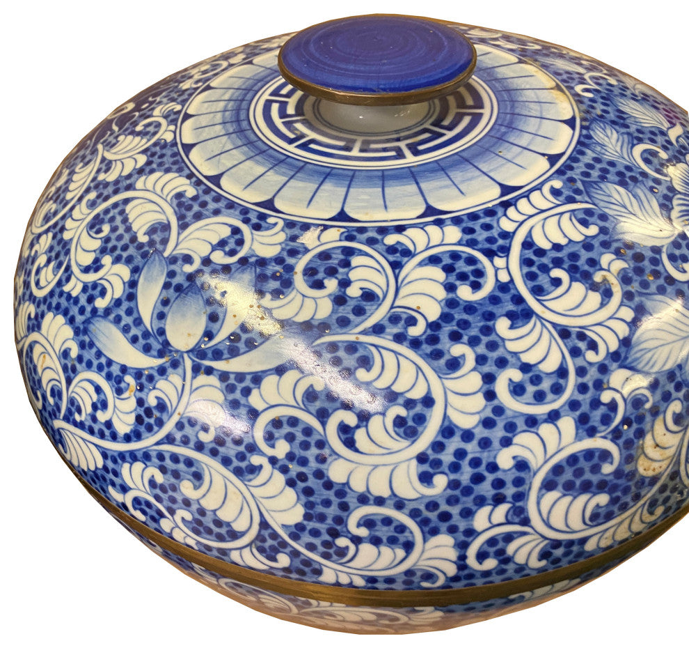 Vintage Blue White Porcelain Floral Pattern Accent Round Box Display Hws1998