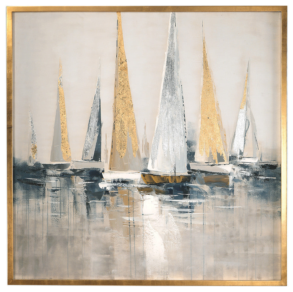 Oversize Metallic Sailboats Nautical Wall Art, Painting Silver Gold Blue Gray