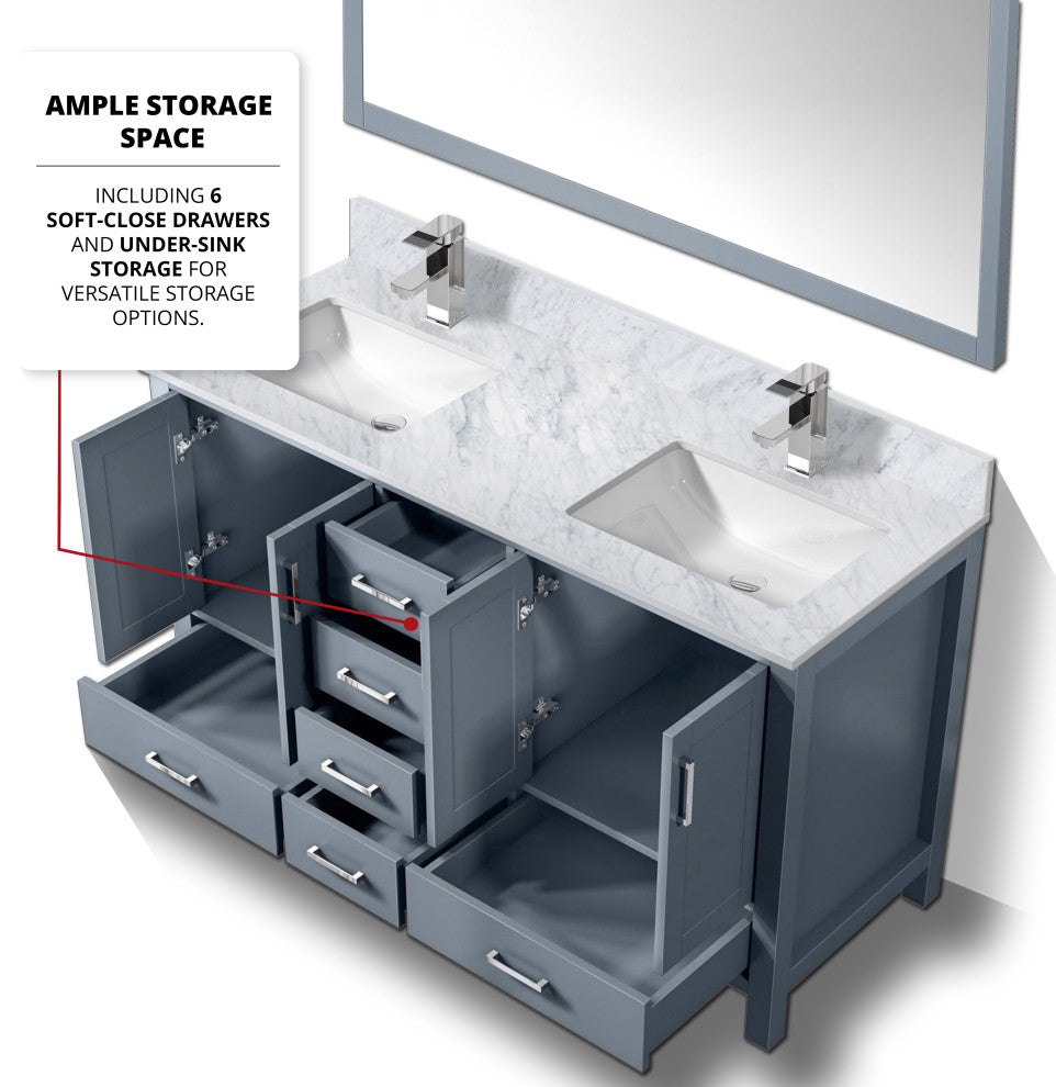 Jacques 60" Dark Gray Double Bath Vanity Cabinet Carrara Marble Top Square Sinks