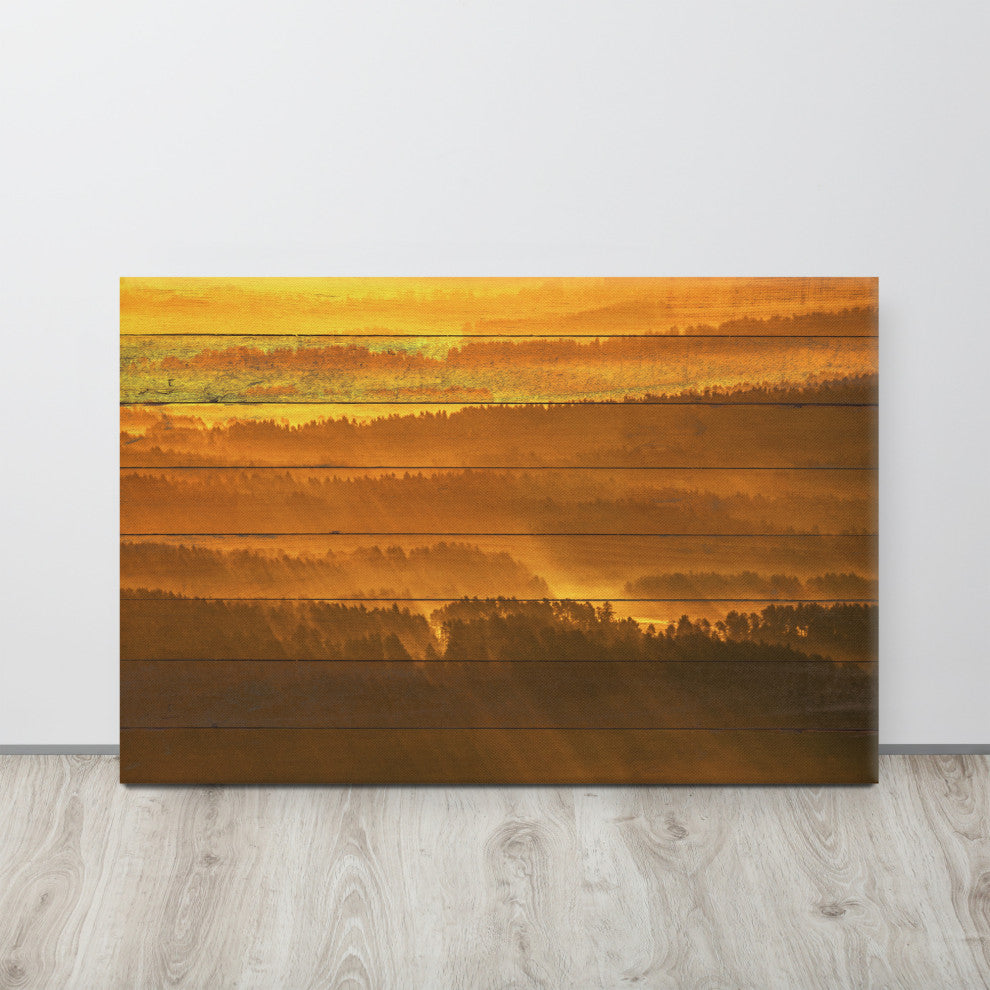 Faux Wood Golden Mist Valley - Hills & Mountain Range Canvas Prints, 24" X 36"