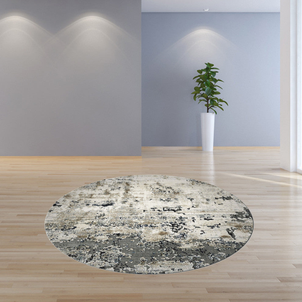 HomeRoots 8' Ivory Teal Machine Woven Abstract Round Indoor Area Rug