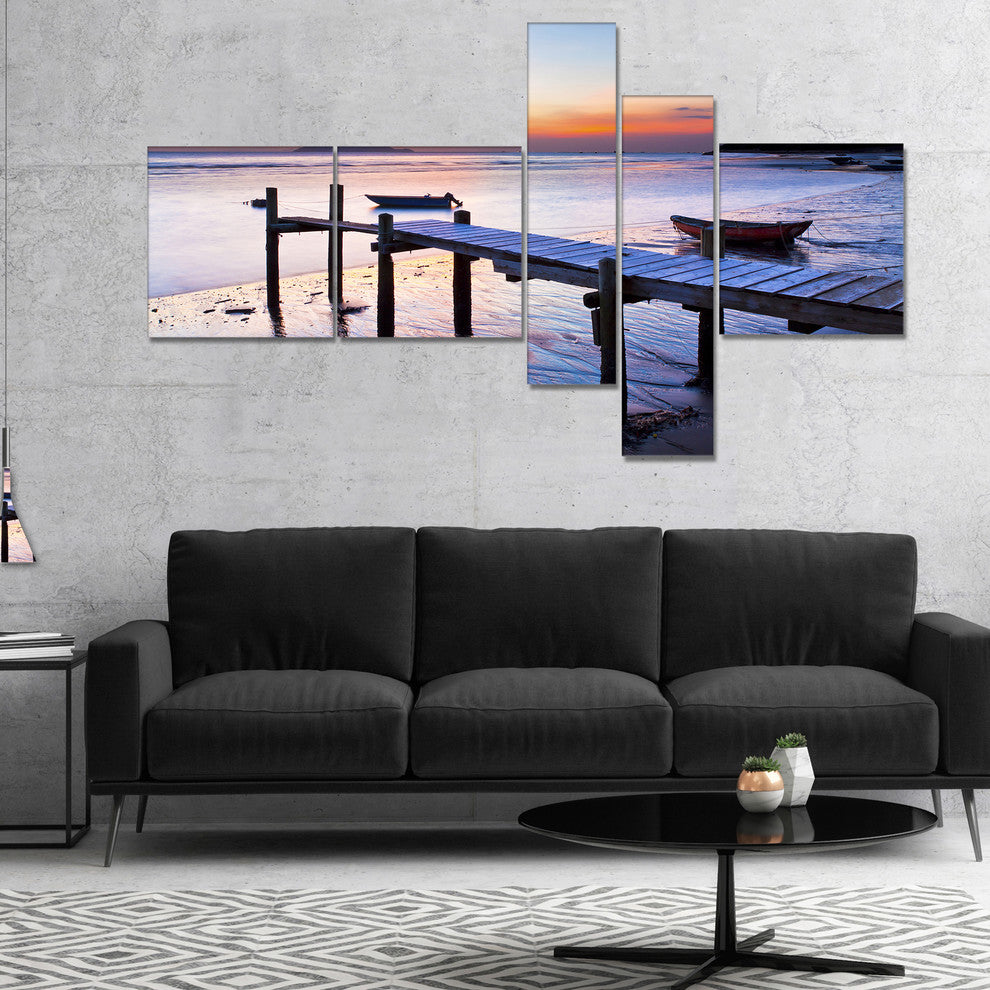 Old Wooden Pier at Sunset, Seascape Canvas Art Print, 60"x32", 5 panels