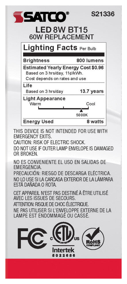 8W BT15 LED, Clear, Medium Base, 90 CRI, 5000K, 120V