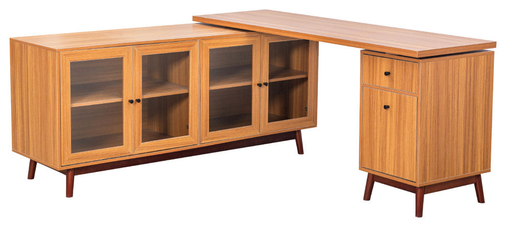 Modern L-shaped Executive Desk, Delicate Tempered Glass Cabinet Storage, Teak
